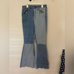 Altar'd State High Waisted Blue Flare Patchwork Jeans